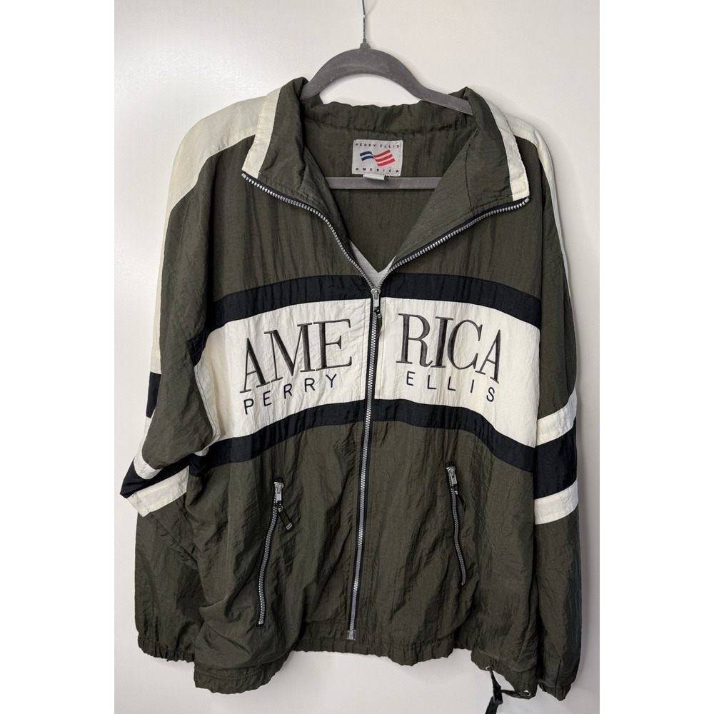Perry Ellis Vintage Windbreaker Jacket Green White Black Men's